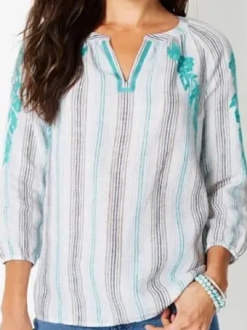 J Jill Linen Striped White & Teal Embroidered Tunic Top Women’s 2X